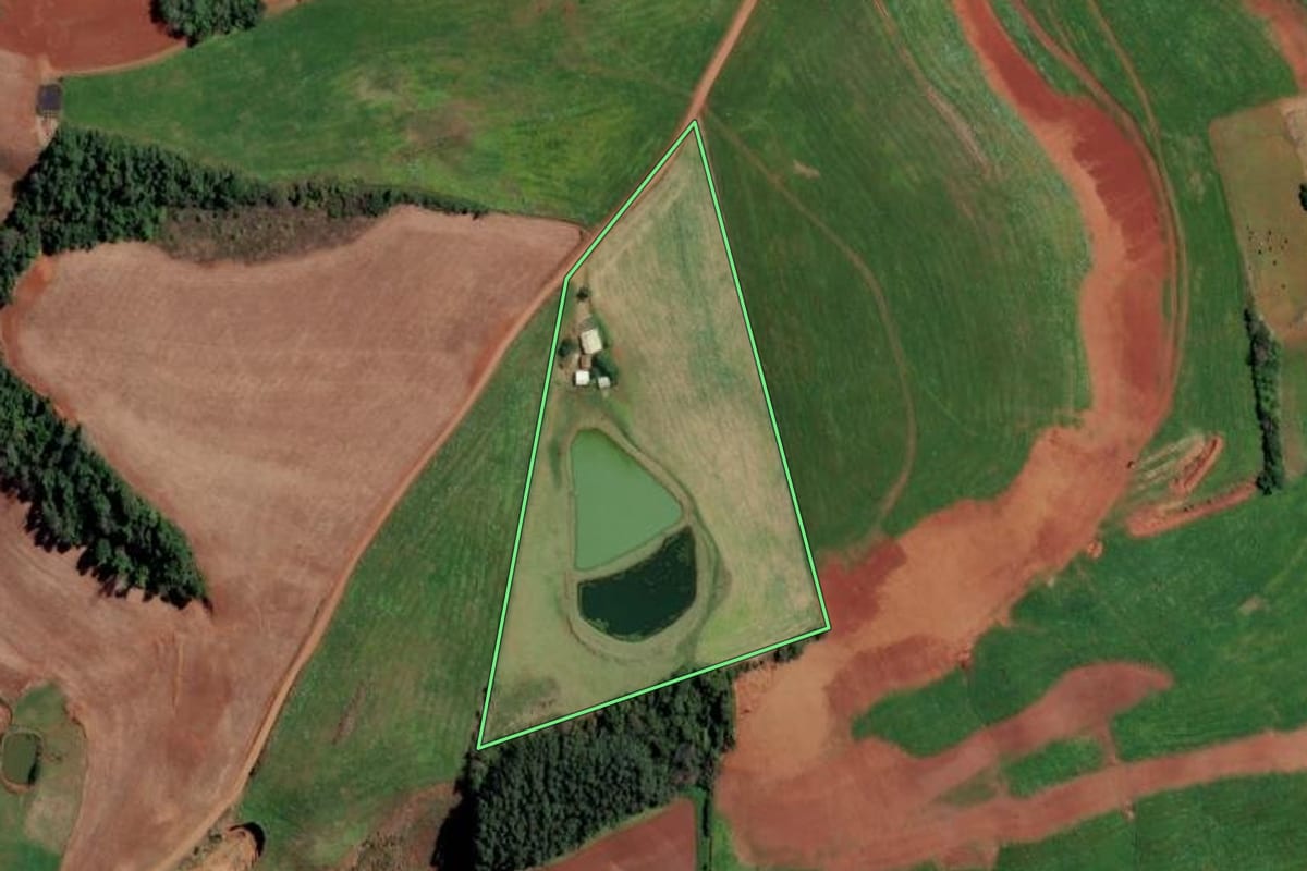 Imagem de satélite do imóvel rural em Rodeio Bonito (RS), com o contorno declarado no CAR desenhado por cima.