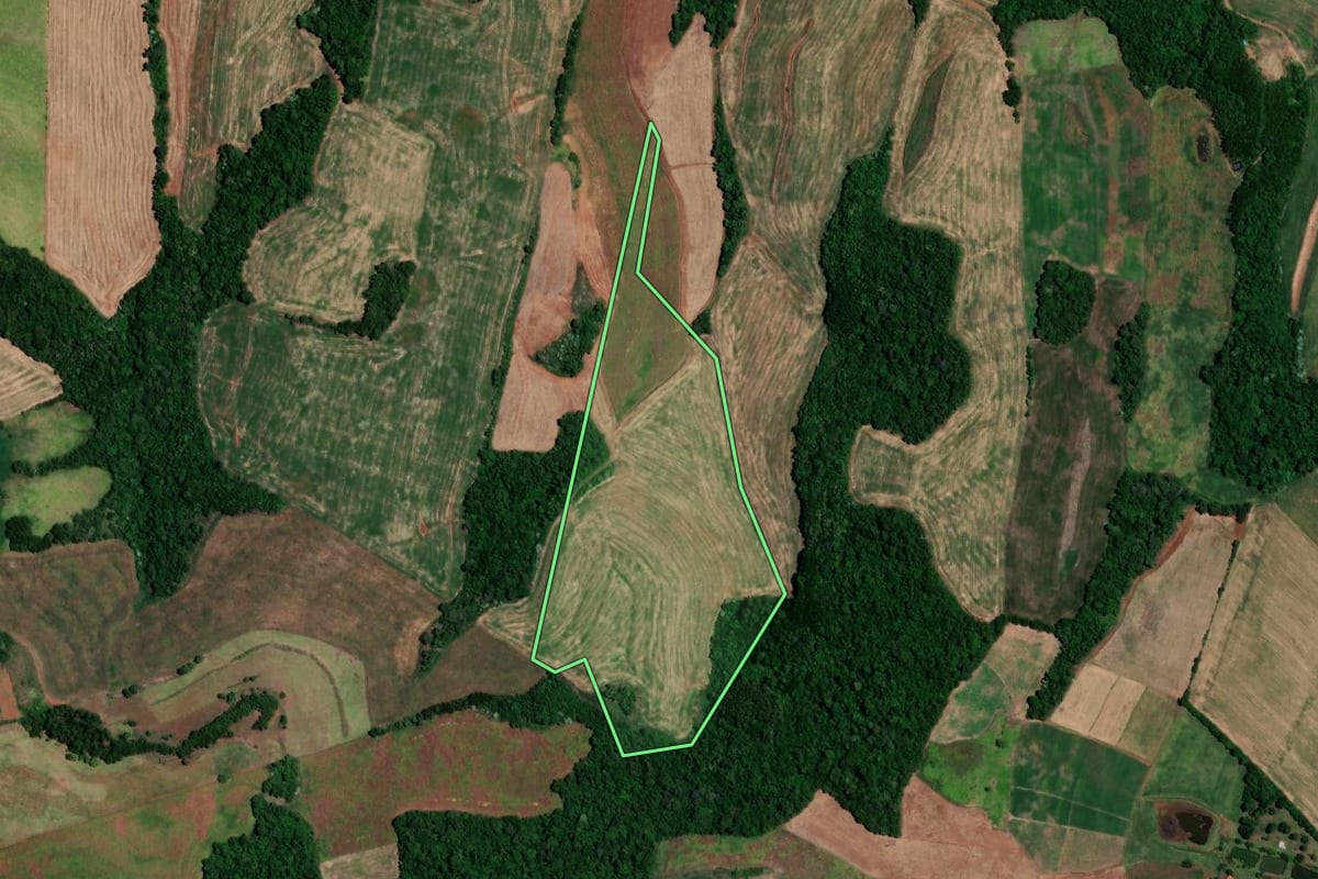 Imagem de satélite do imóvel rural em Rodeio Bonito (RS), com o contorno declarado no CAR desenhado por cima.