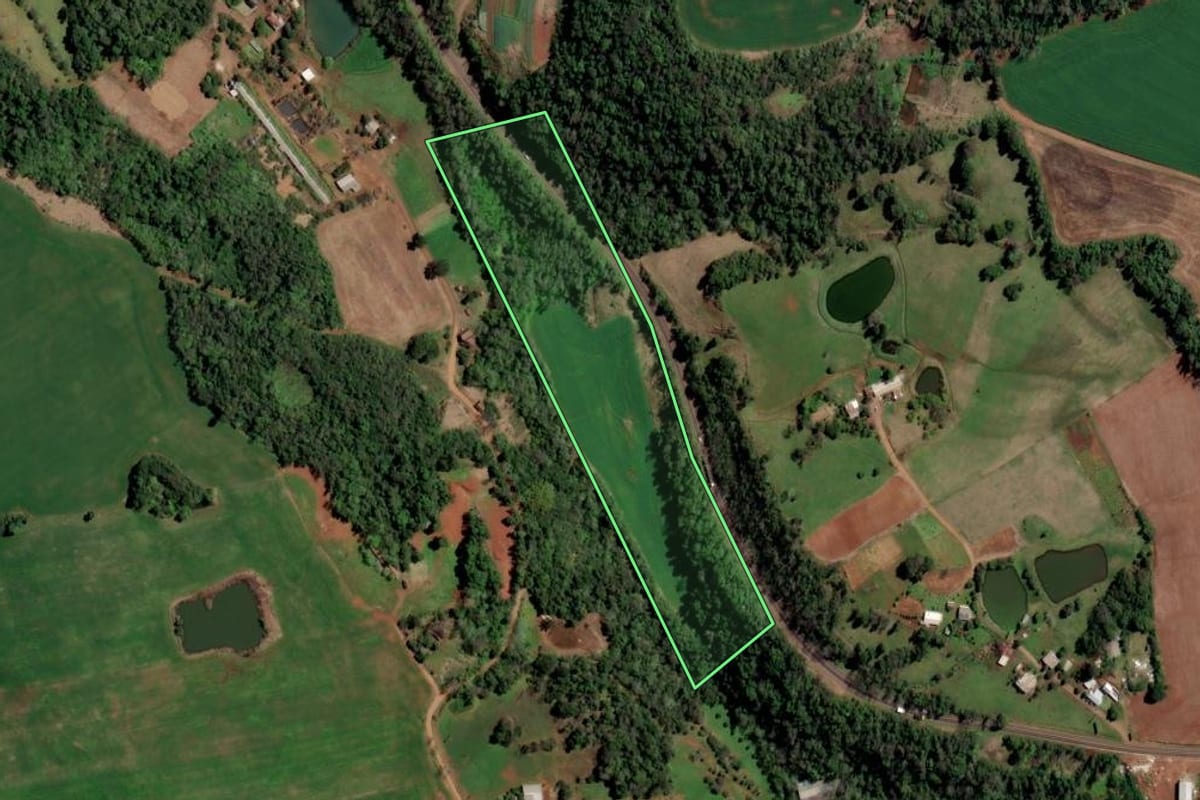 Imagem de satélite do imóvel rural em Rodeio Bonito (RS), com o contorno declarado no CAR desenhado por cima.