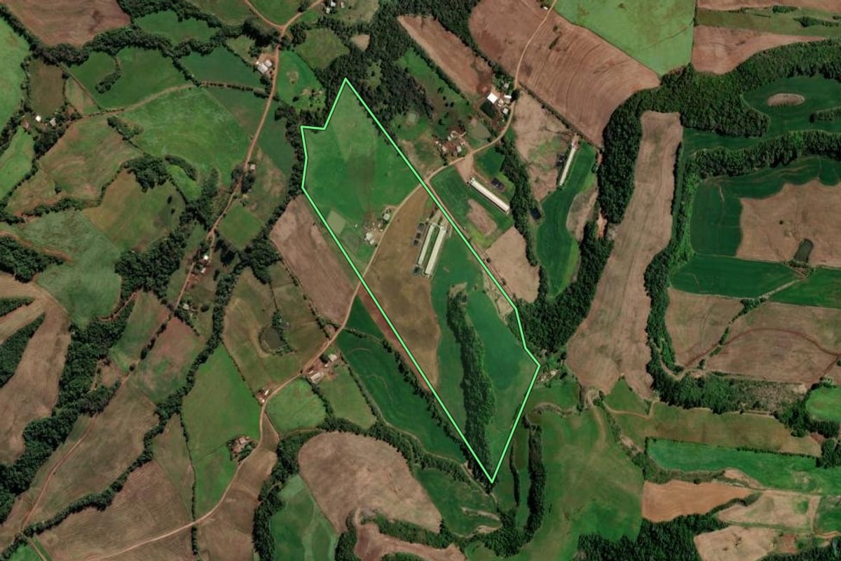 Imagem de satélite do imóvel rural em Rodeio Bonito (RS), com o contorno declarado no CAR desenhado por cima.