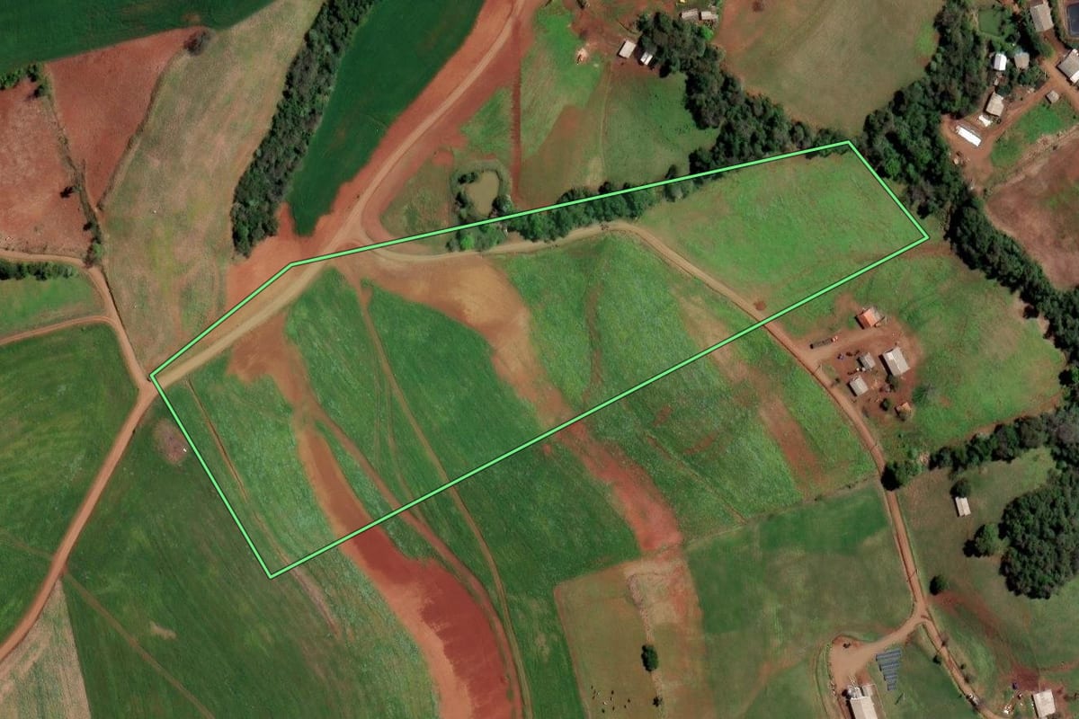 Imagem de satélite do imóvel rural em Rodeio Bonito (RS), com o contorno declarado no CAR desenhado por cima.