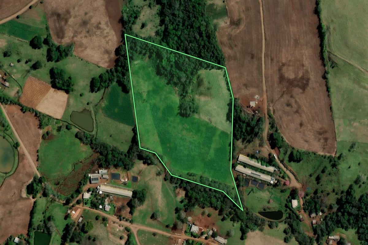 Imagem de satélite do imóvel rural em Rodeio Bonito (RS), com o contorno declarado no CAR desenhado por cima.