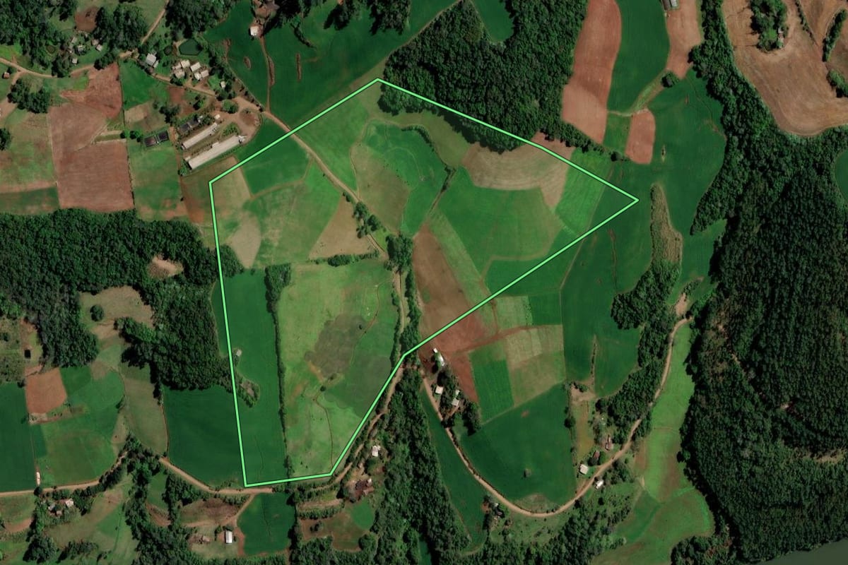 Imagem de satélite do imóvel rural em Rodeio Bonito (RS), com o contorno declarado no CAR desenhado por cima.