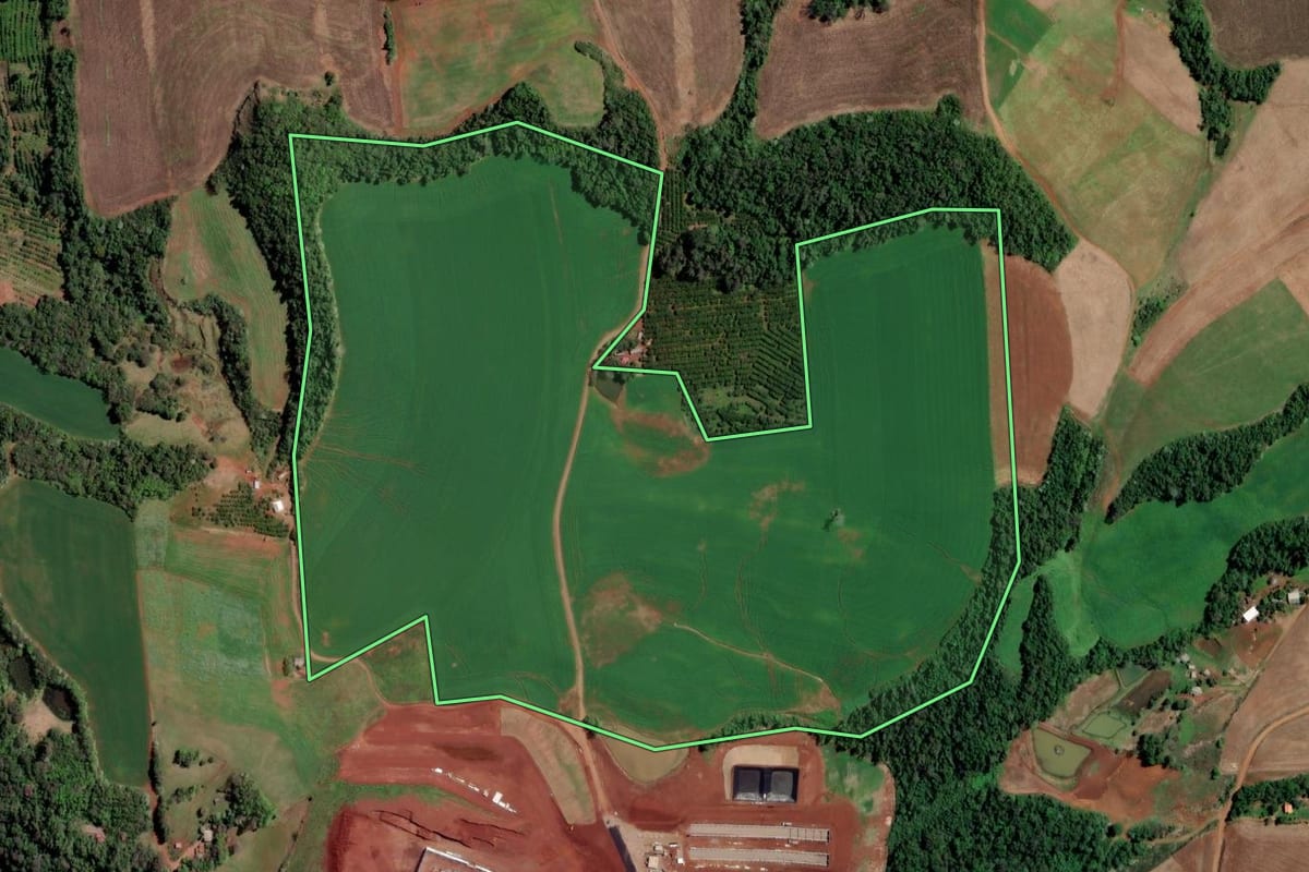 Imagem de satélite do imóvel rural em Rodeio Bonito (RS), com o contorno declarado no CAR desenhado por cima.