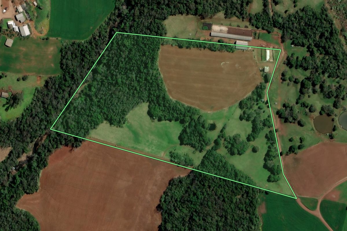Imagem de satélite do imóvel rural em Rodeio Bonito (RS), com o contorno declarado no CAR desenhado por cima.