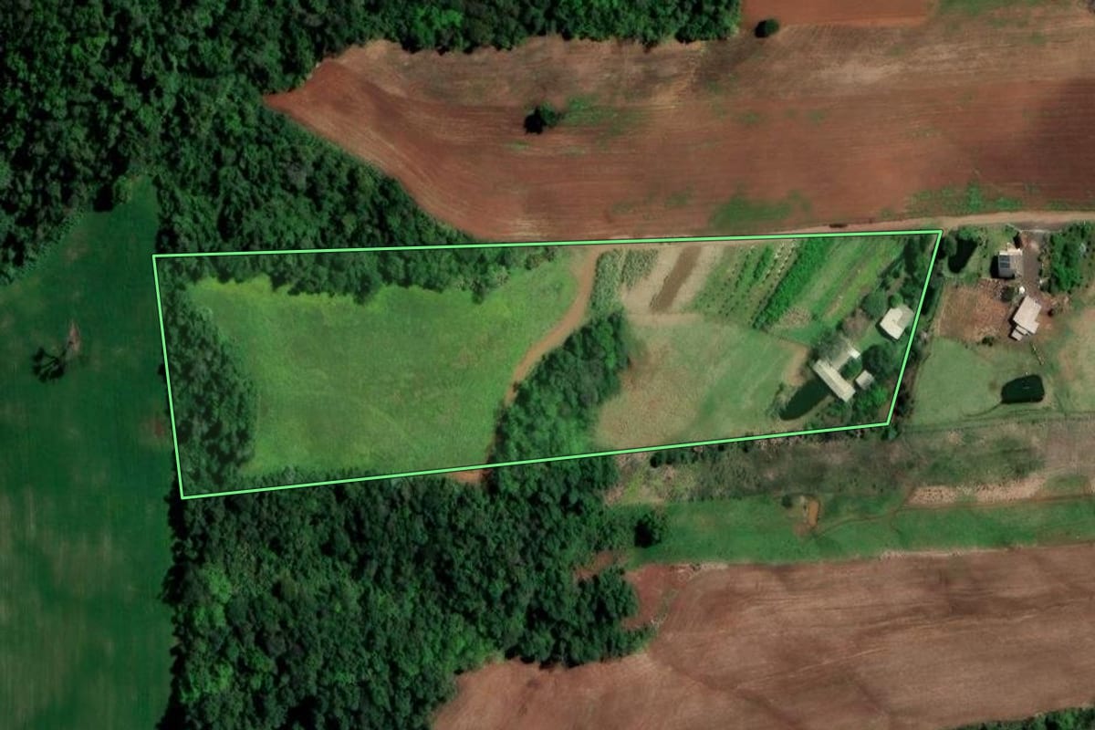 Imagem de satélite do imóvel rural em Rodeio Bonito (RS), com o contorno declarado no CAR desenhado por cima.