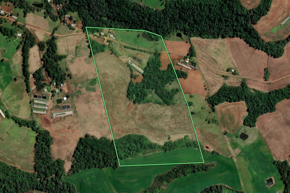 Imagem de satélite do imóvel rural em Rodeio Bonito (RS), com o contorno declarado no CAR desenhado por cima.