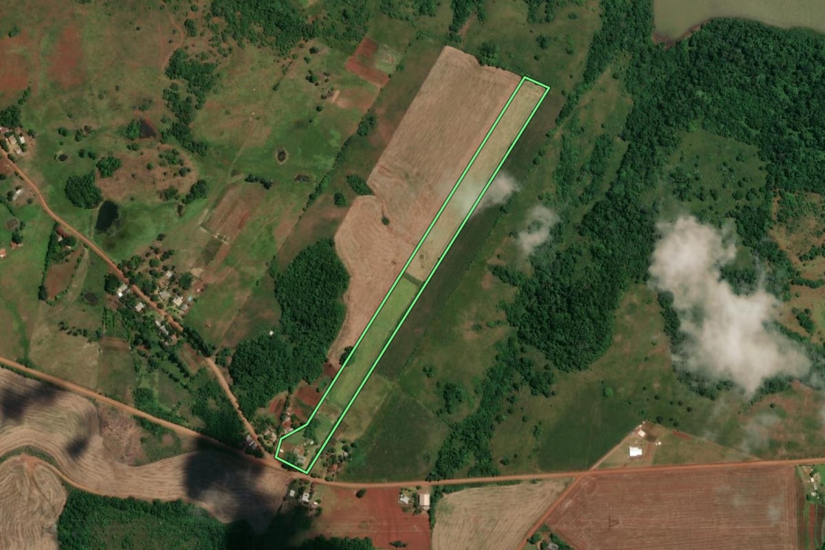Imagem de satélite do imóvel rural em Rolador (RS), com o contorno declarado no CAR desenhado por cima.