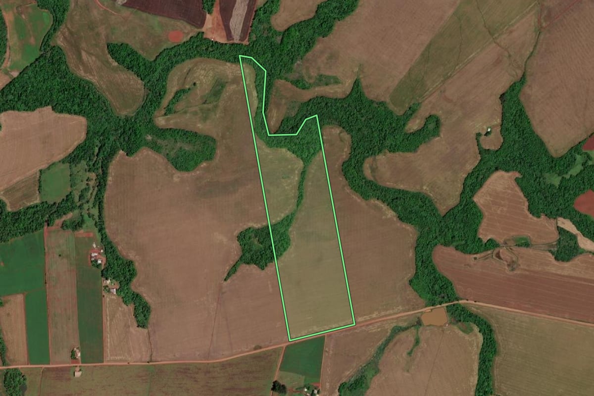 Imagem de satélite do imóvel rural em Rolador (RS), com o contorno declarado no CAR desenhado por cima.