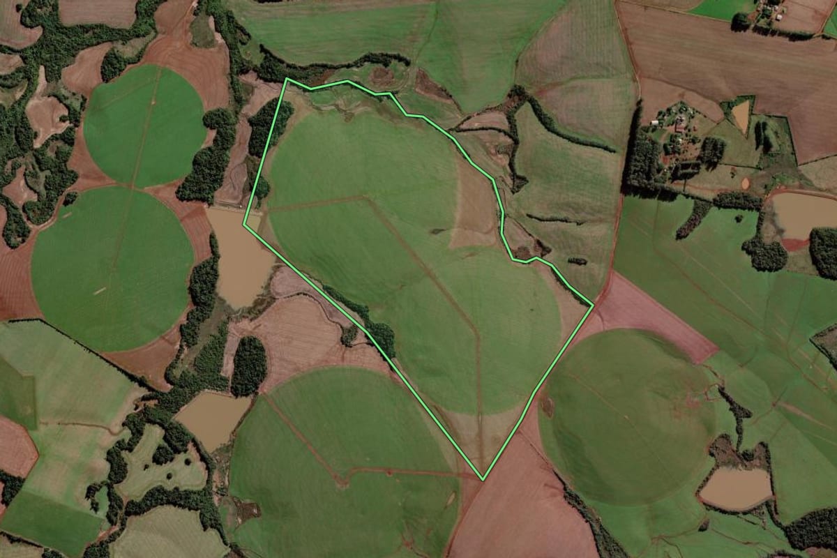 Imagem de satélite do imóvel rural em Rolador (RS), com o contorno declarado no CAR desenhado por cima.