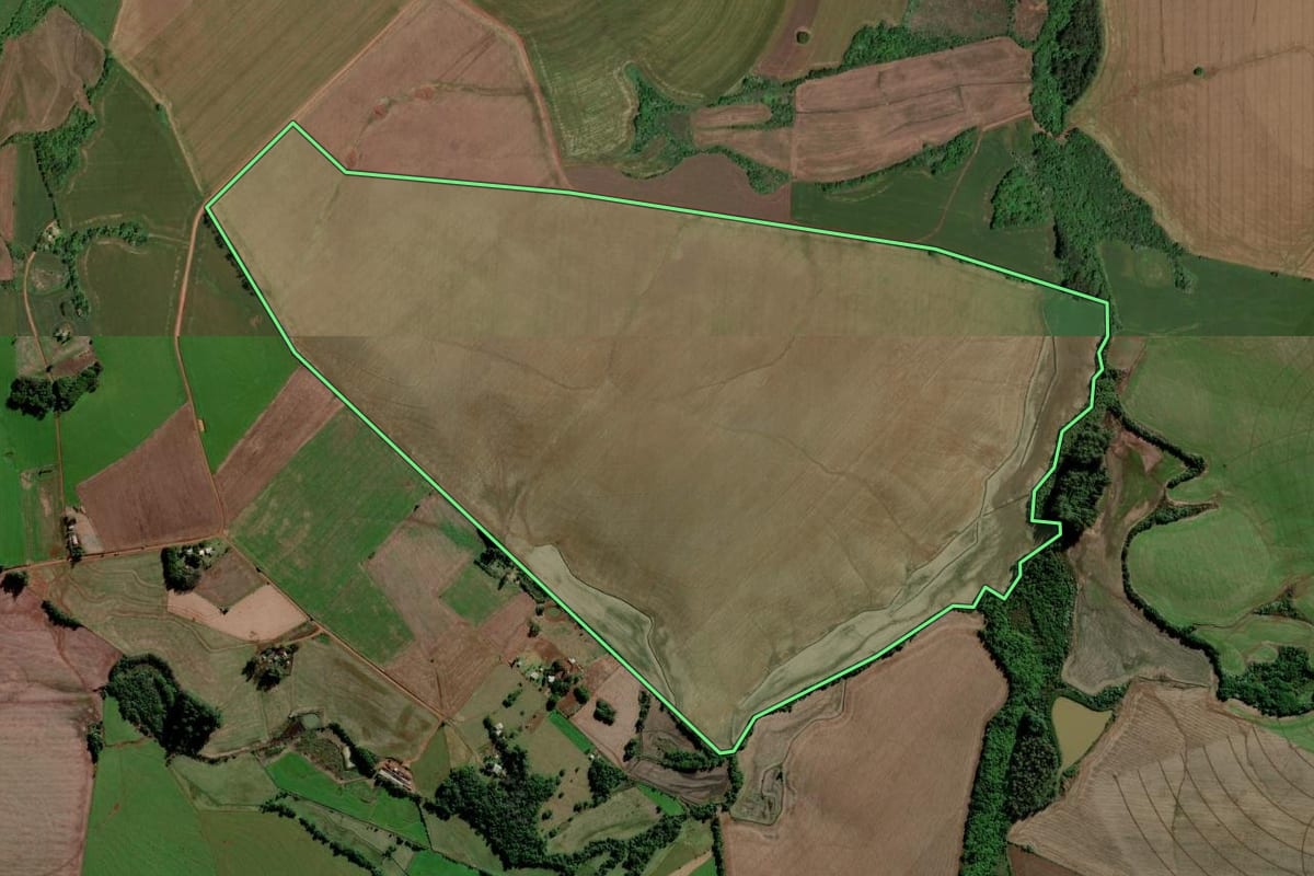 Imagem de satélite do imóvel rural em Rolador (RS), com o contorno declarado no CAR desenhado por cima.
