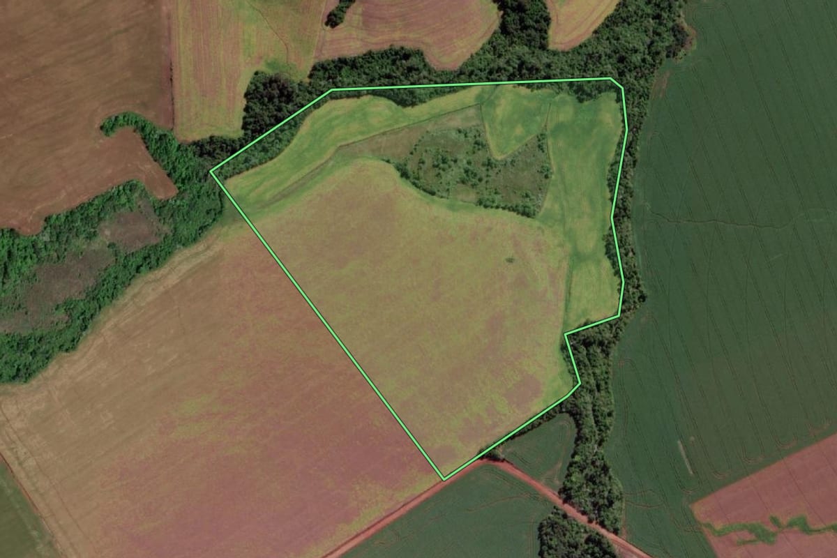 Imagem de satélite do imóvel rural em Rolador (RS), com o contorno declarado no CAR desenhado por cima.