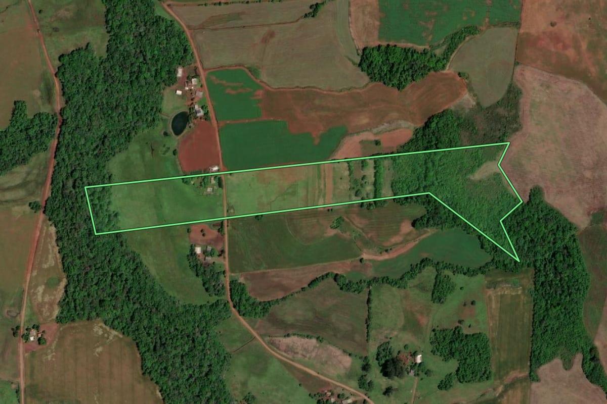 Imagem de satélite do imóvel rural em Rolador (RS), com o contorno declarado no CAR desenhado por cima.