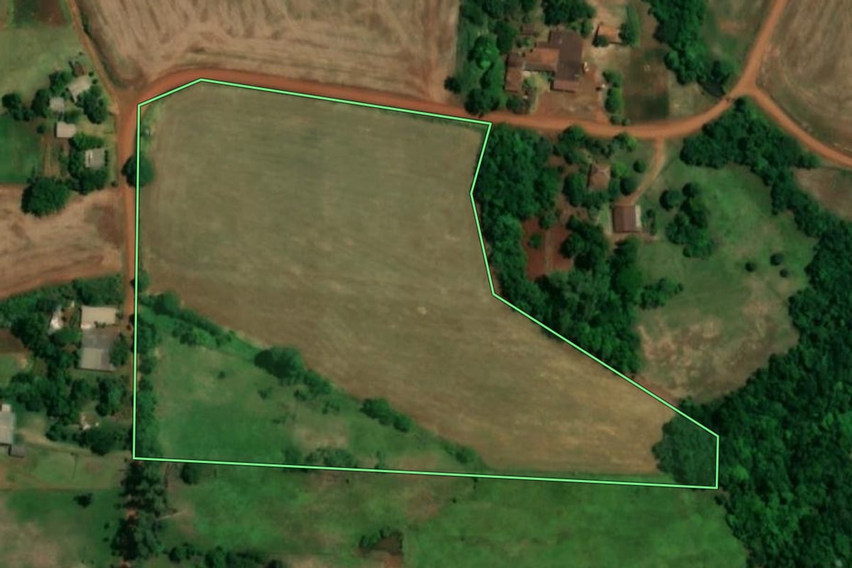 Imagem de satélite do imóvel rural em Rolador (RS), com o contorno declarado no CAR desenhado por cima.