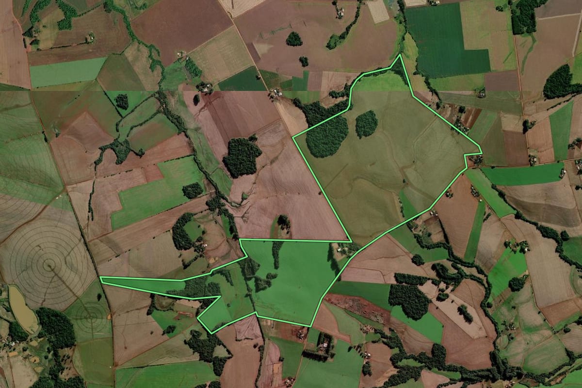 Imagem de satélite do imóvel rural em Rolador (RS), com o contorno declarado no CAR desenhado por cima.