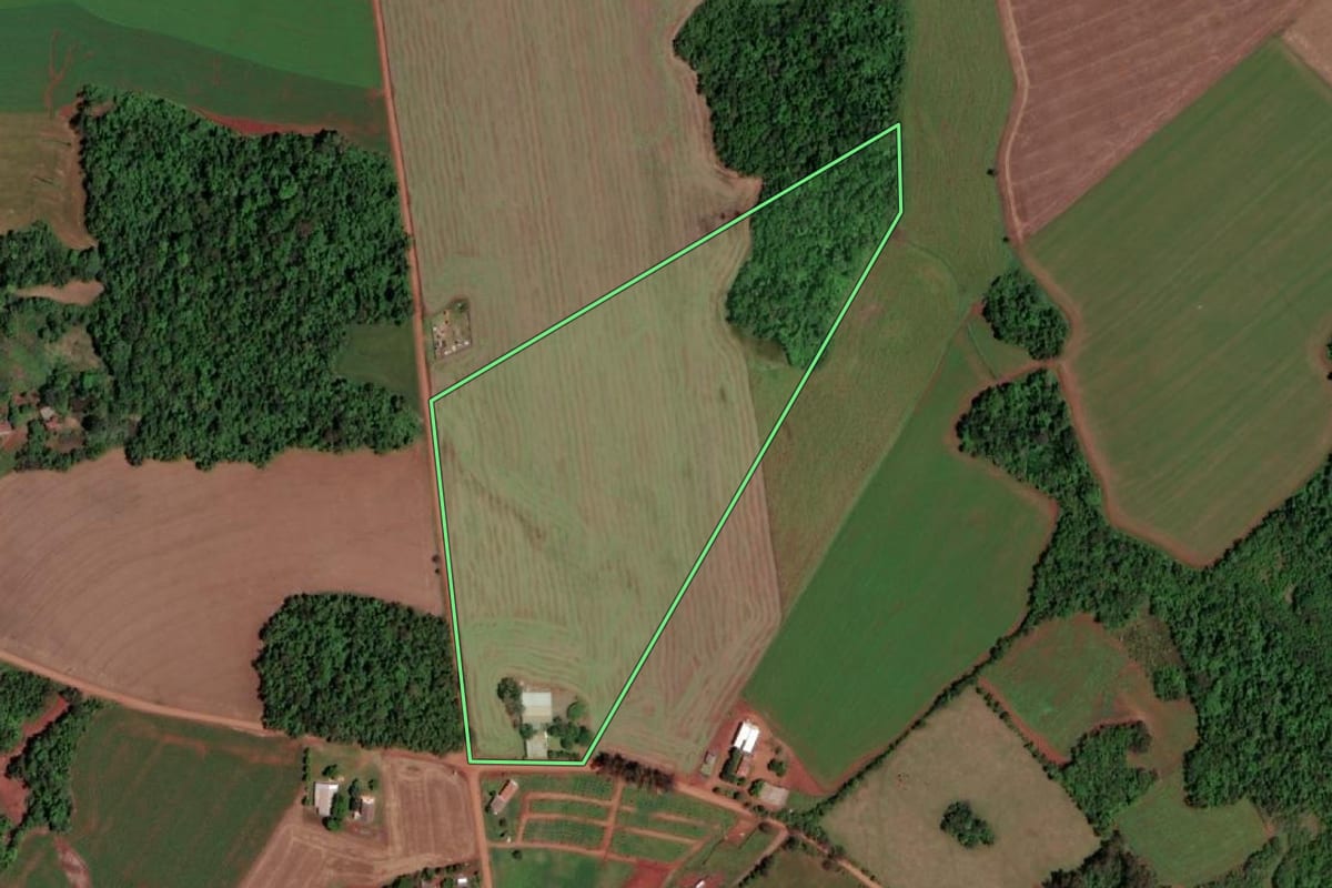 Imagem de satélite do imóvel rural em Rolador (RS), com o contorno declarado no CAR desenhado por cima.