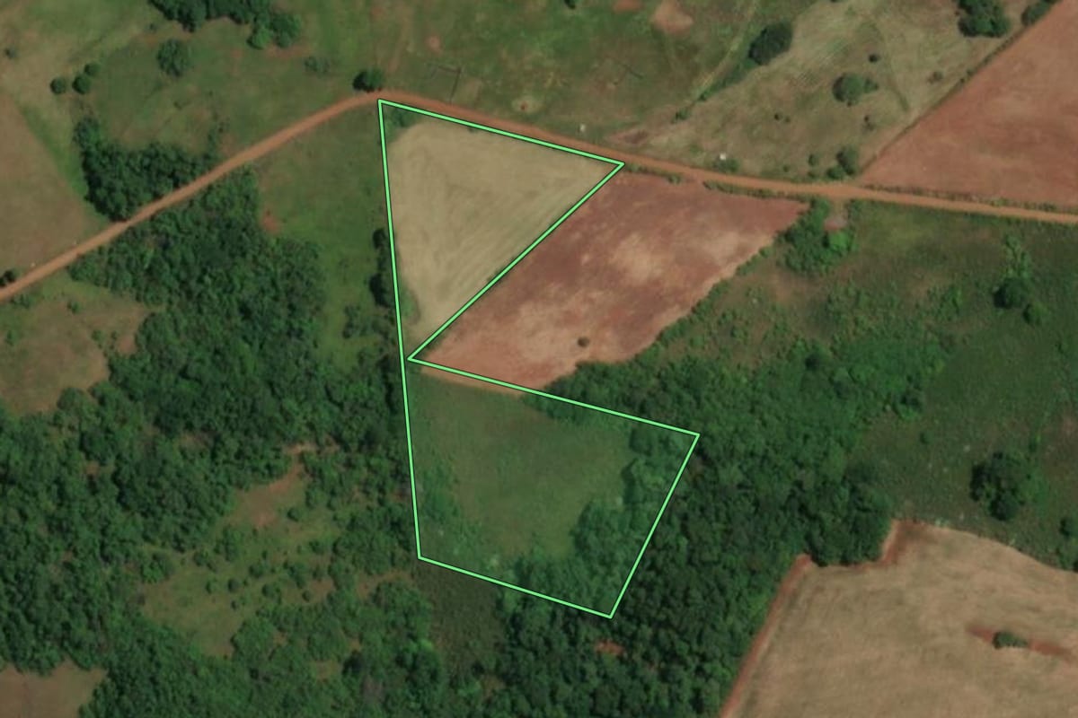 Imagem de satélite do imóvel rural em Rolador (RS), com o contorno declarado no CAR desenhado por cima.
