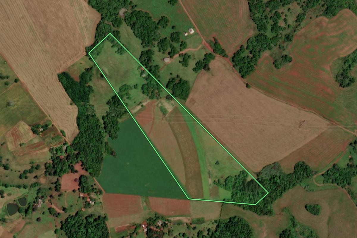 Imagem de satélite do imóvel rural em Rolador (RS), com o contorno declarado no CAR desenhado por cima.