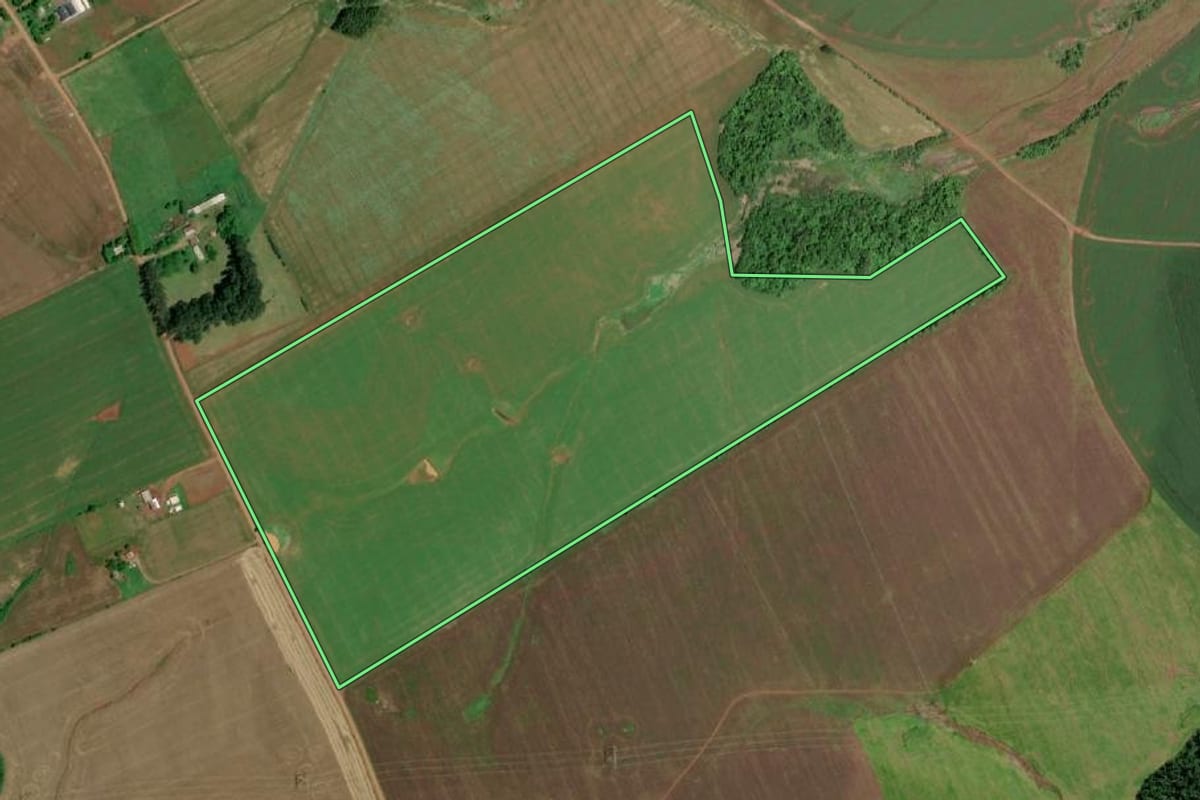 Imagem de satélite do imóvel rural em Rolador (RS), com o contorno declarado no CAR desenhado por cima.