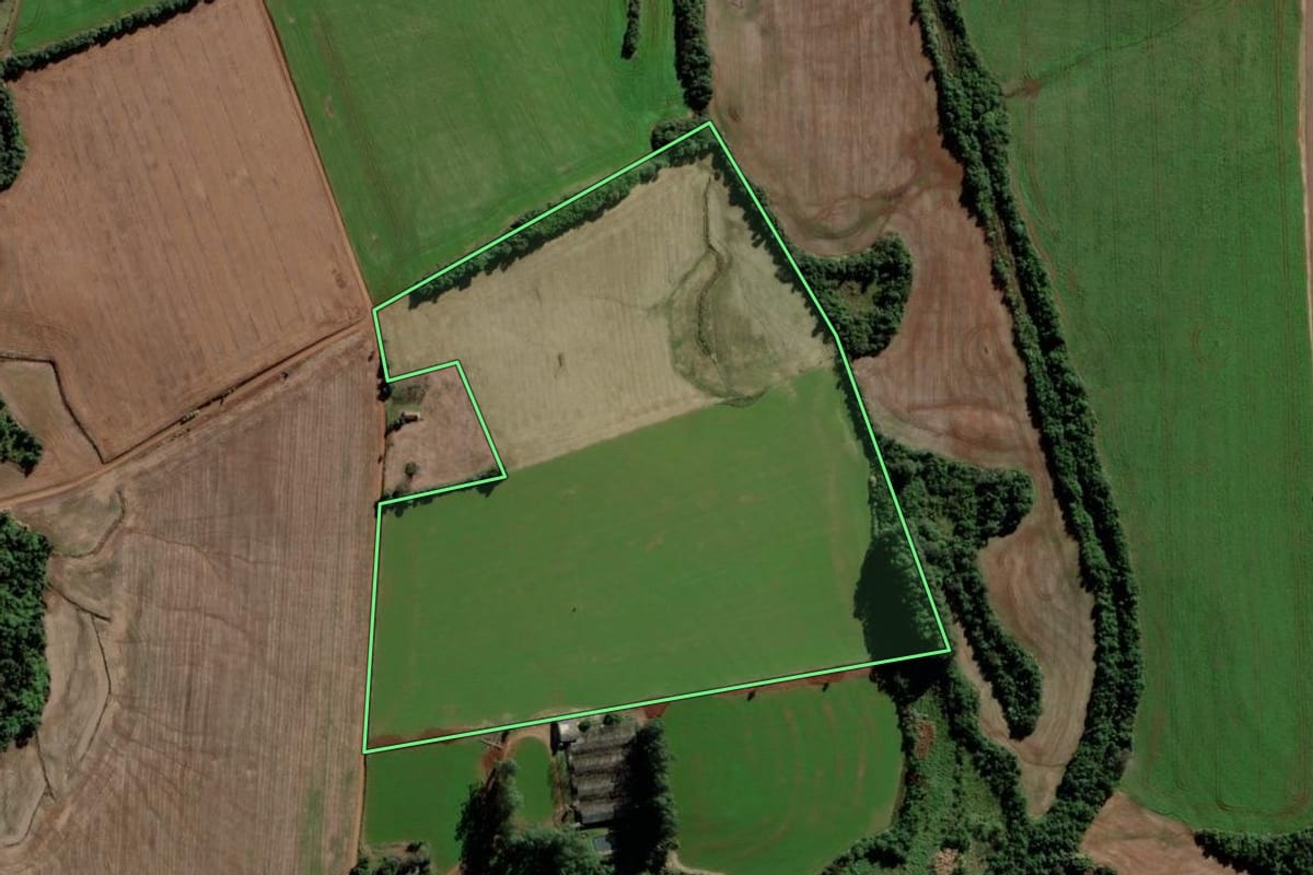 Imagem de satélite do imóvel rural em Rolador (RS), com o contorno declarado no CAR desenhado por cima.