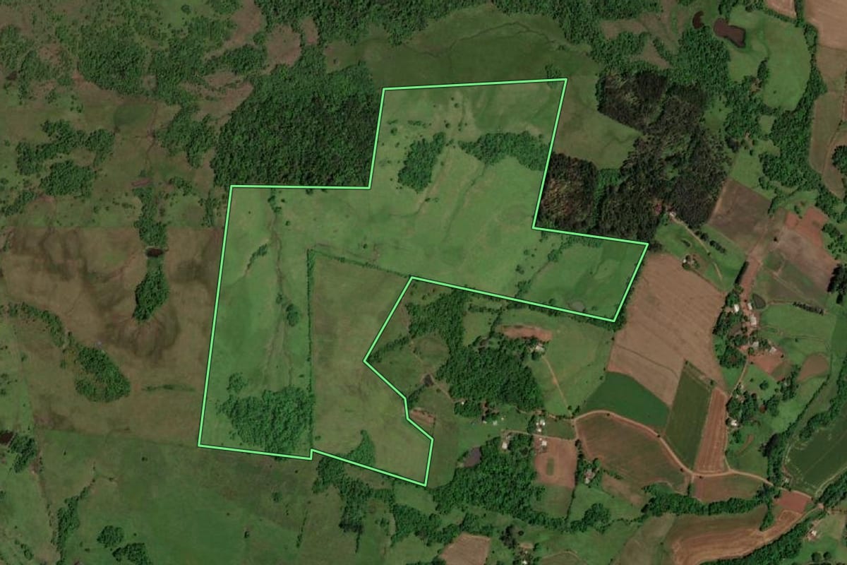 Imagem de satélite do imóvel rural em Rolador (RS), com o contorno declarado no CAR desenhado por cima.