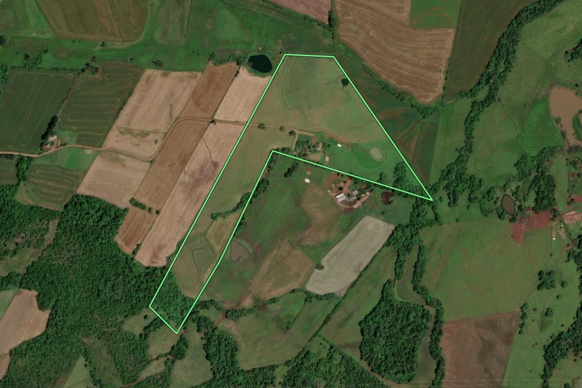 Imagem de satélite do imóvel rural em Rolador (RS), com o contorno declarado no CAR desenhado por cima.