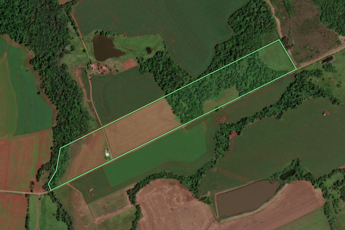 Imagem de satélite do imóvel rural em Rolador (RS), com o contorno declarado no CAR desenhado por cima.