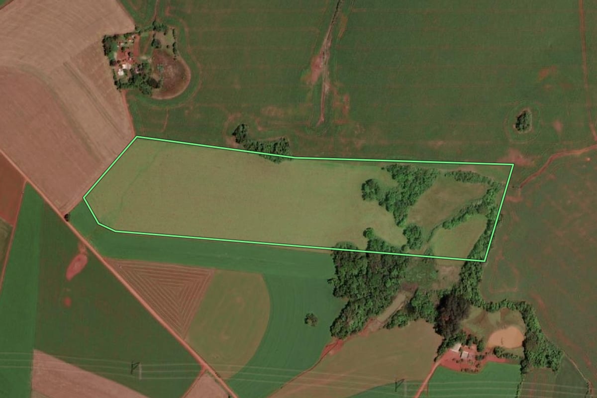Imagem de satélite do imóvel rural em Rolador (RS), com o contorno declarado no CAR desenhado por cima.