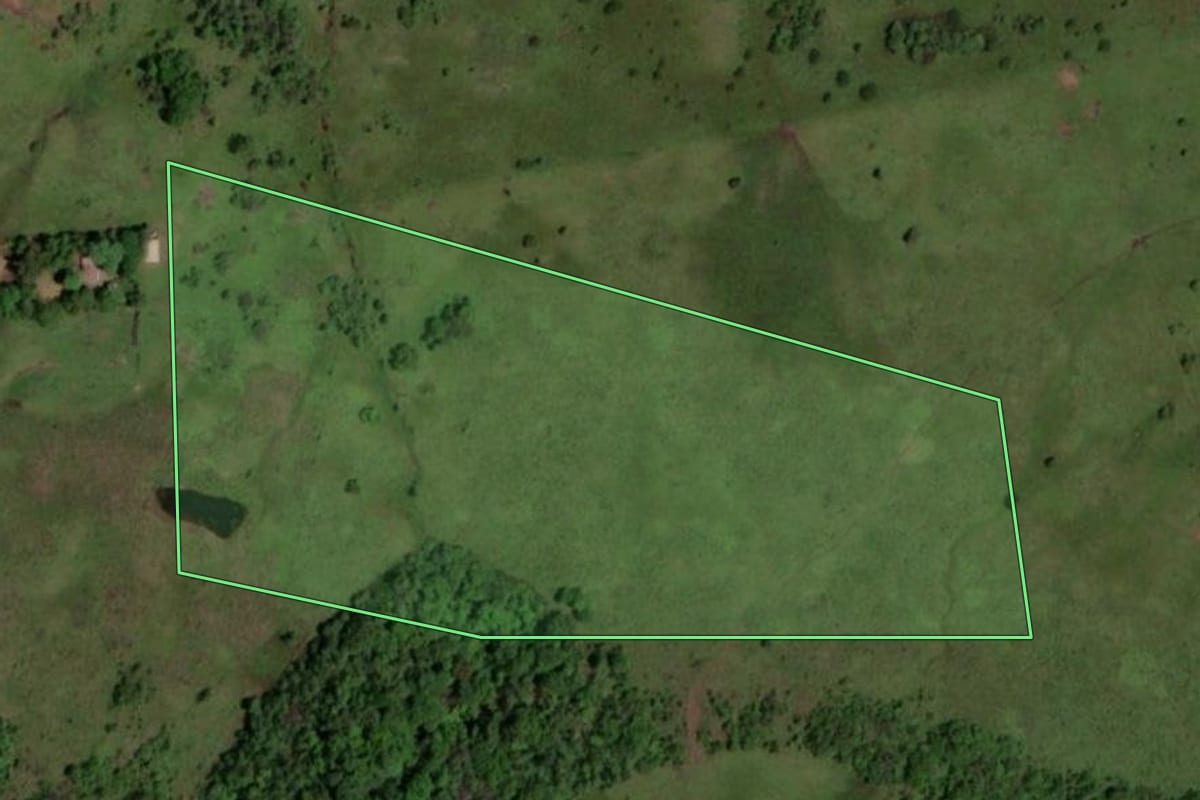 Imagem de satélite do imóvel rural em Rolador (RS), com o contorno declarado no CAR desenhado por cima.