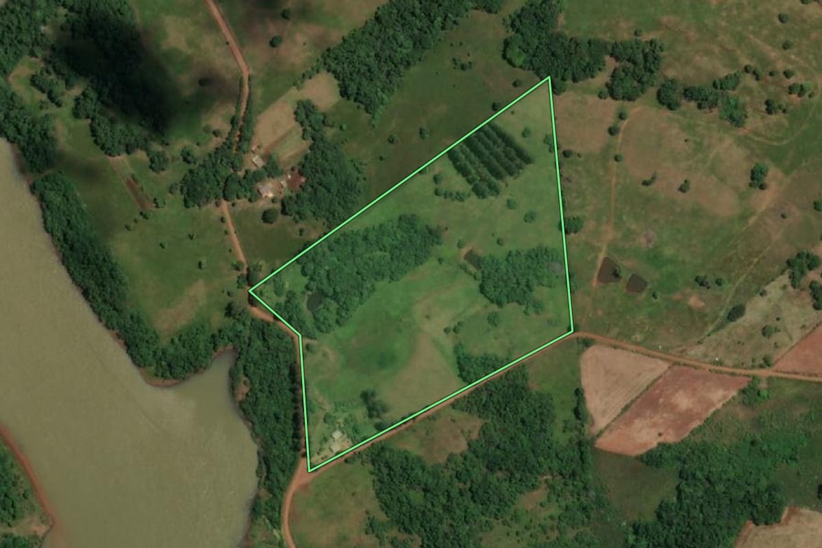 Imagem de satélite do imóvel rural em Rolador (RS), com o contorno declarado no CAR desenhado por cima.