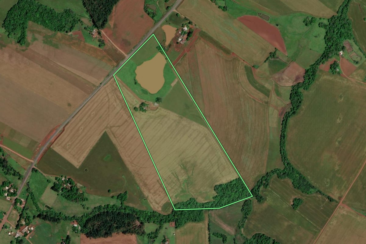 Imagem de satélite do imóvel rural em Rolador (RS), com o contorno declarado no CAR desenhado por cima.