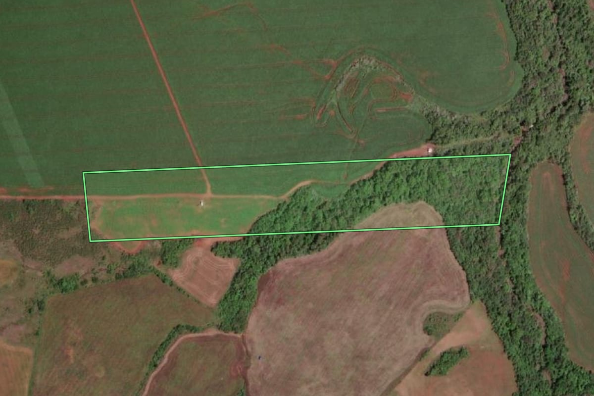 Imagem de satélite do imóvel rural em Rolador (RS), com o contorno declarado no CAR desenhado por cima.