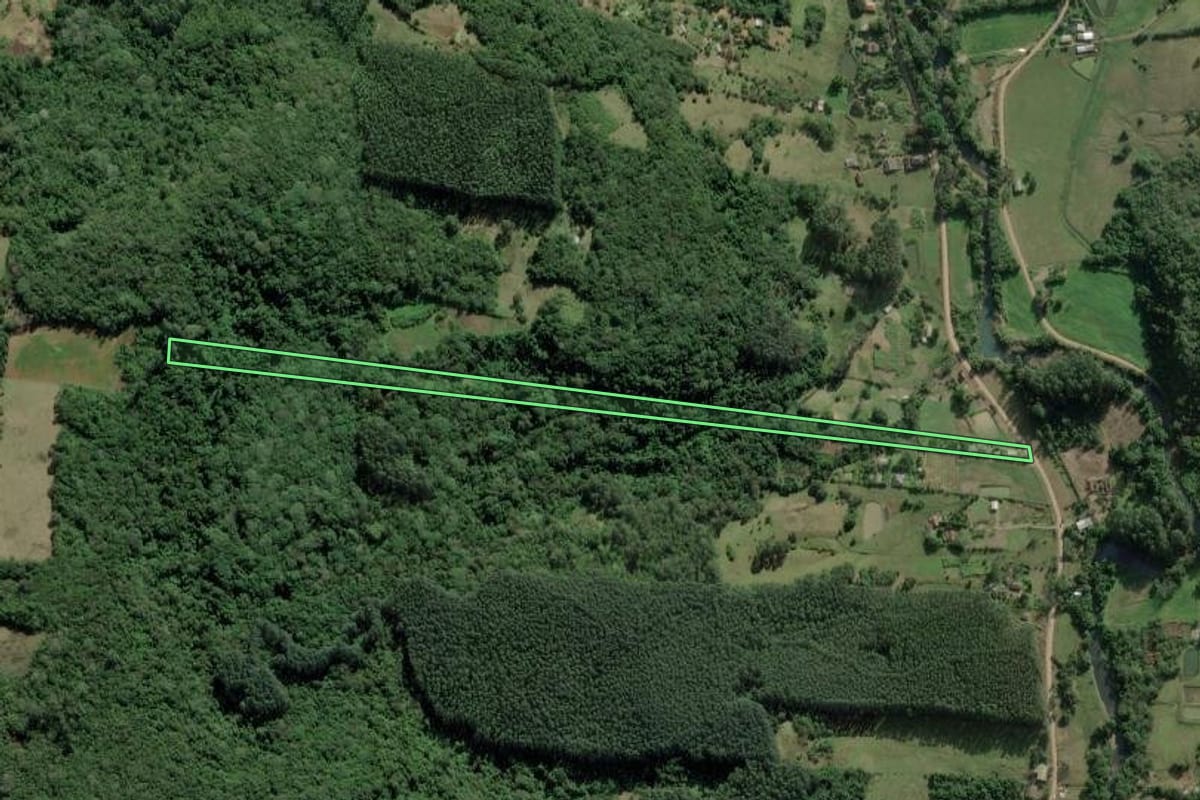 Imagem de satélite do imóvel rural em Rolante (RS), com o contorno declarado no CAR desenhado por cima.