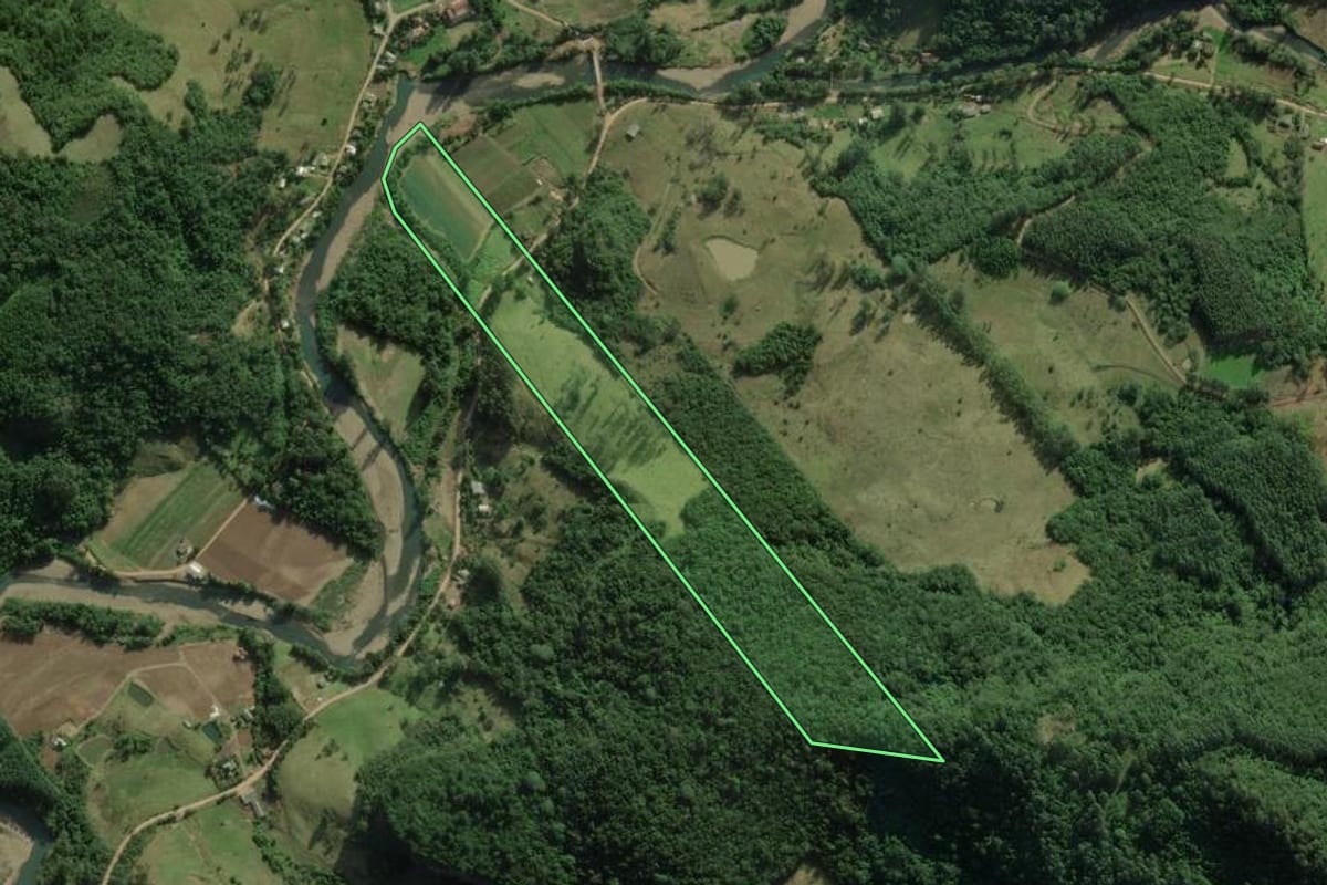 Imagem de satélite do imóvel rural em Riozinho (RS), com o contorno declarado no CAR desenhado por cima.