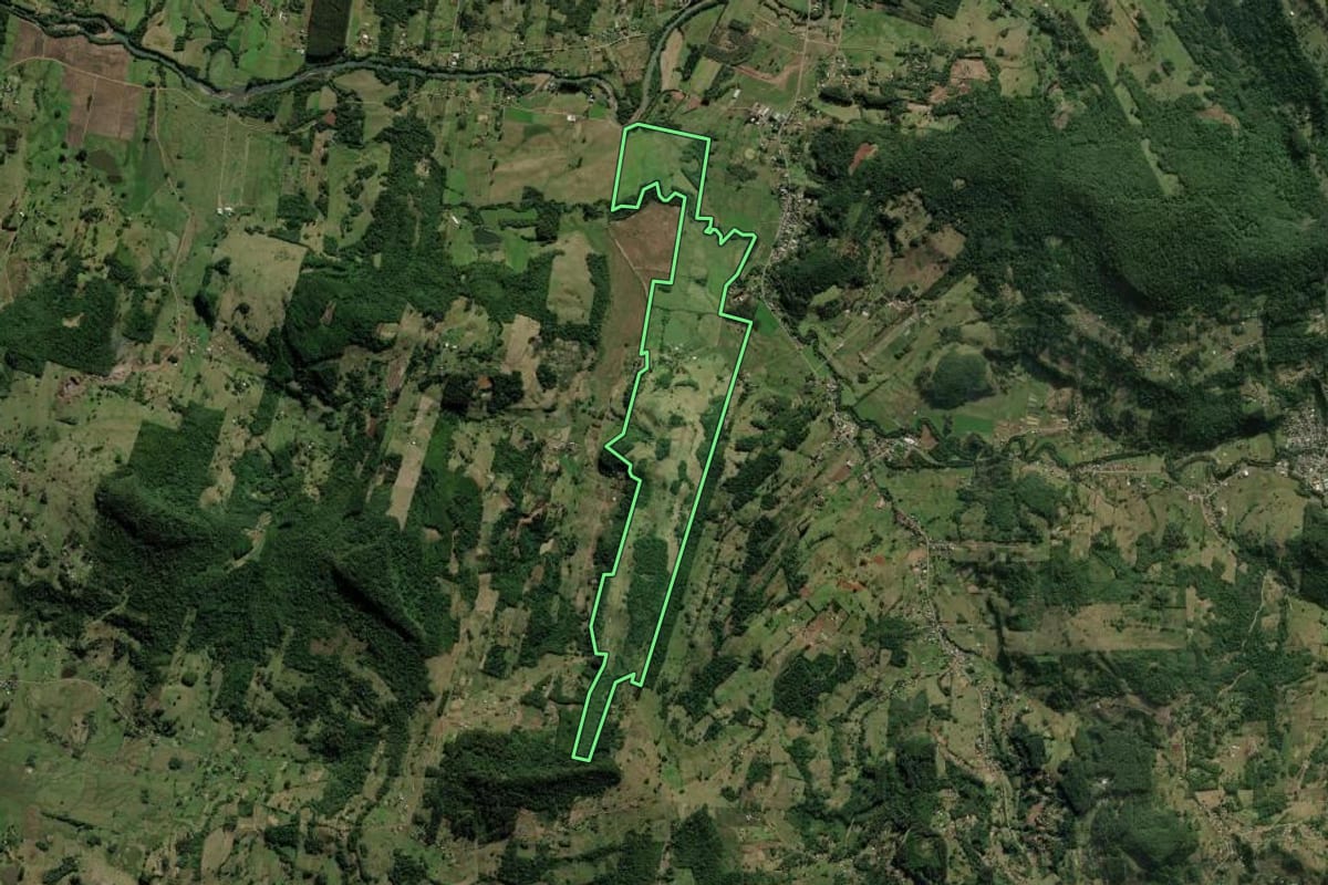 Imagem de satélite do imóvel rural em Rolante (RS), com o contorno declarado no CAR desenhado por cima.