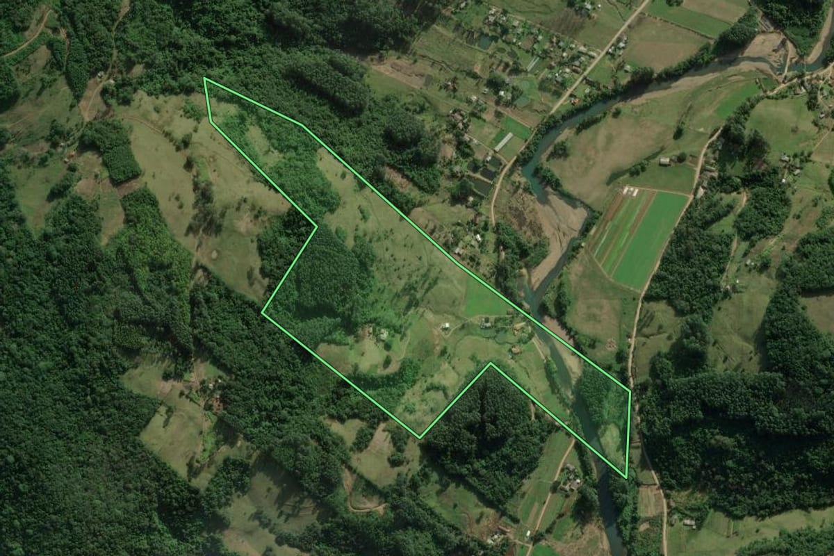 Imagem de satélite do imóvel rural em Rolante (RS), com o contorno declarado no CAR desenhado por cima.