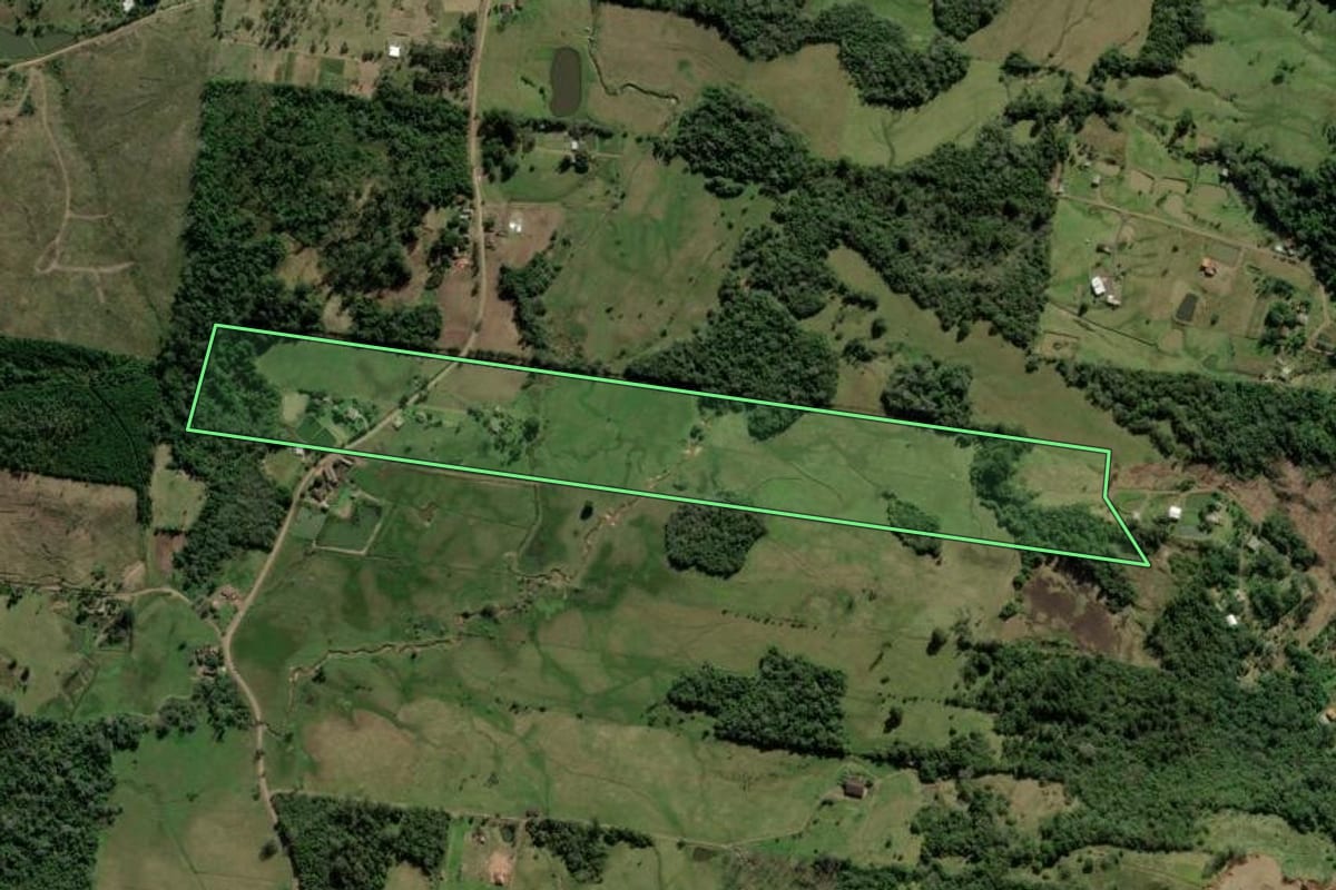 Imagem de satélite do imóvel rural em Rolante (RS), com o contorno declarado no CAR desenhado por cima.