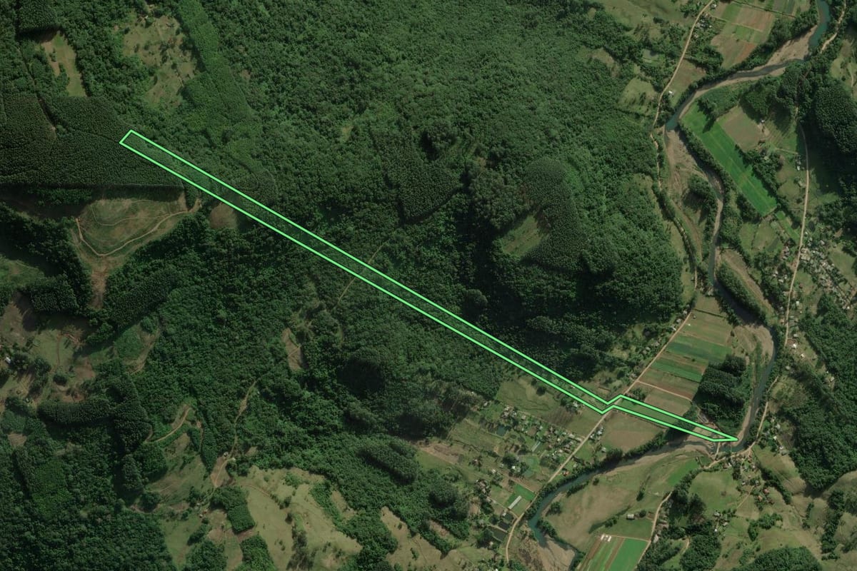 Imagem de satélite do imóvel rural em Rolante (RS), com o contorno declarado no CAR desenhado por cima.