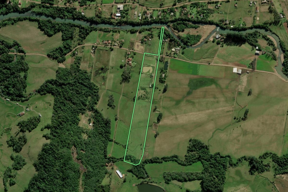 Imagem de satélite do imóvel rural em Rolante (RS), com o contorno declarado no CAR desenhado por cima.