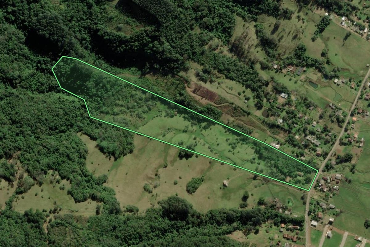 Imagem de satélite do imóvel rural em Rolante (RS), com o contorno declarado no CAR desenhado por cima.