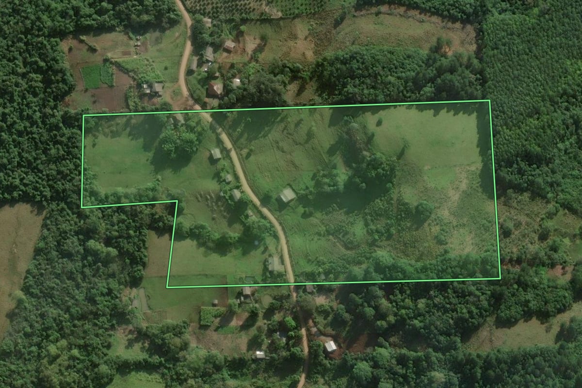 Imagem de satélite do imóvel rural em Rolante (RS), com o contorno declarado no CAR desenhado por cima.