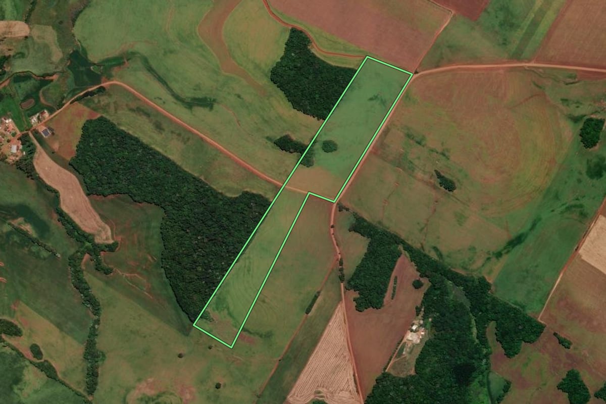 Imagem de satélite do imóvel rural em Ronda Alta (RS), com o contorno declarado no CAR desenhado por cima.