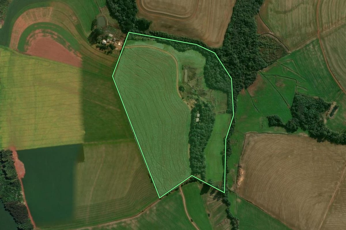 Imagem de satélite do imóvel rural em Ronda Alta (RS), com o contorno declarado no CAR desenhado por cima.