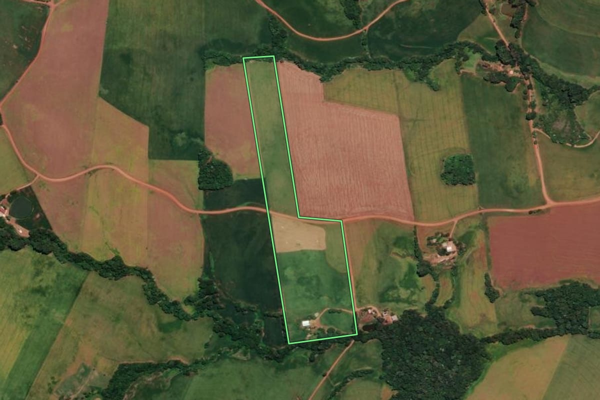 Imagem de satélite do imóvel rural em Ronda Alta (RS), com o contorno declarado no CAR desenhado por cima.