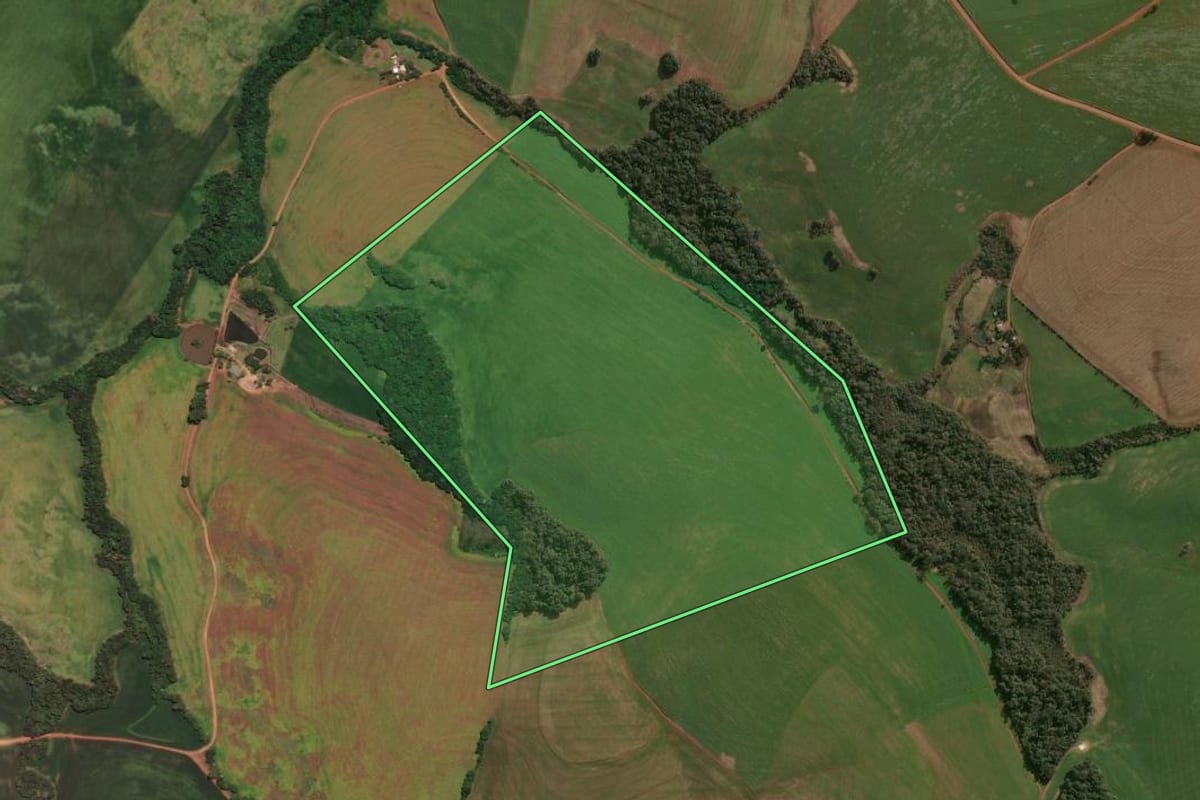 Imagem de satélite do imóvel rural em Ronda Alta (RS), com o contorno declarado no CAR desenhado por cima.