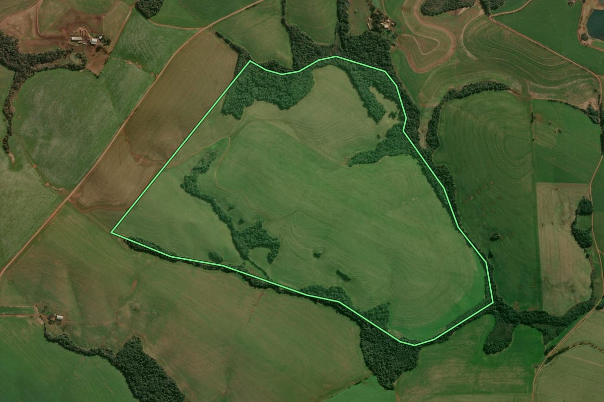 Imagem de satélite do imóvel rural em Ronda Alta (RS), com o contorno declarado no CAR desenhado por cima.