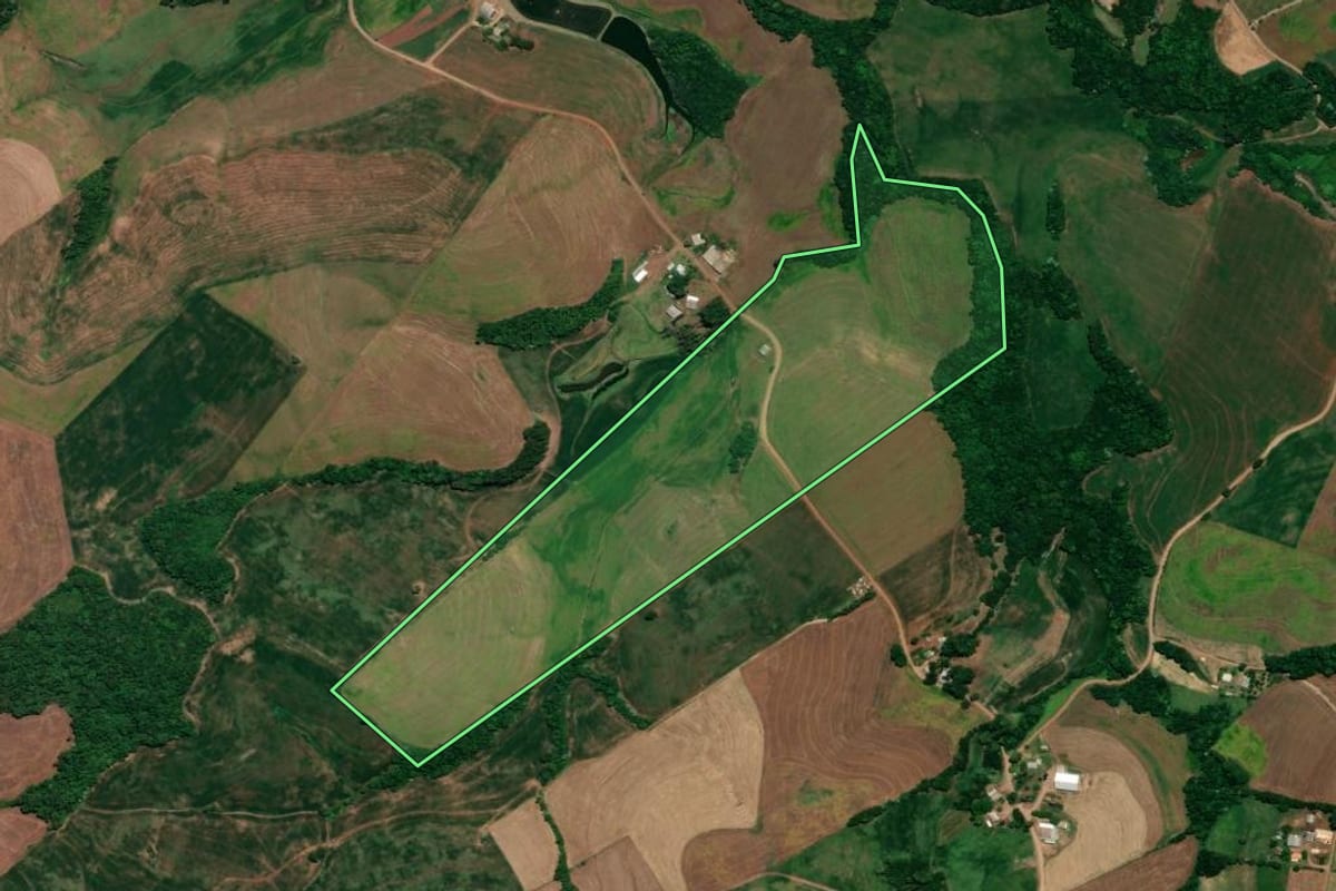 Imagem de satélite do imóvel rural em Ronda Alta (RS), com o contorno declarado no CAR desenhado por cima.