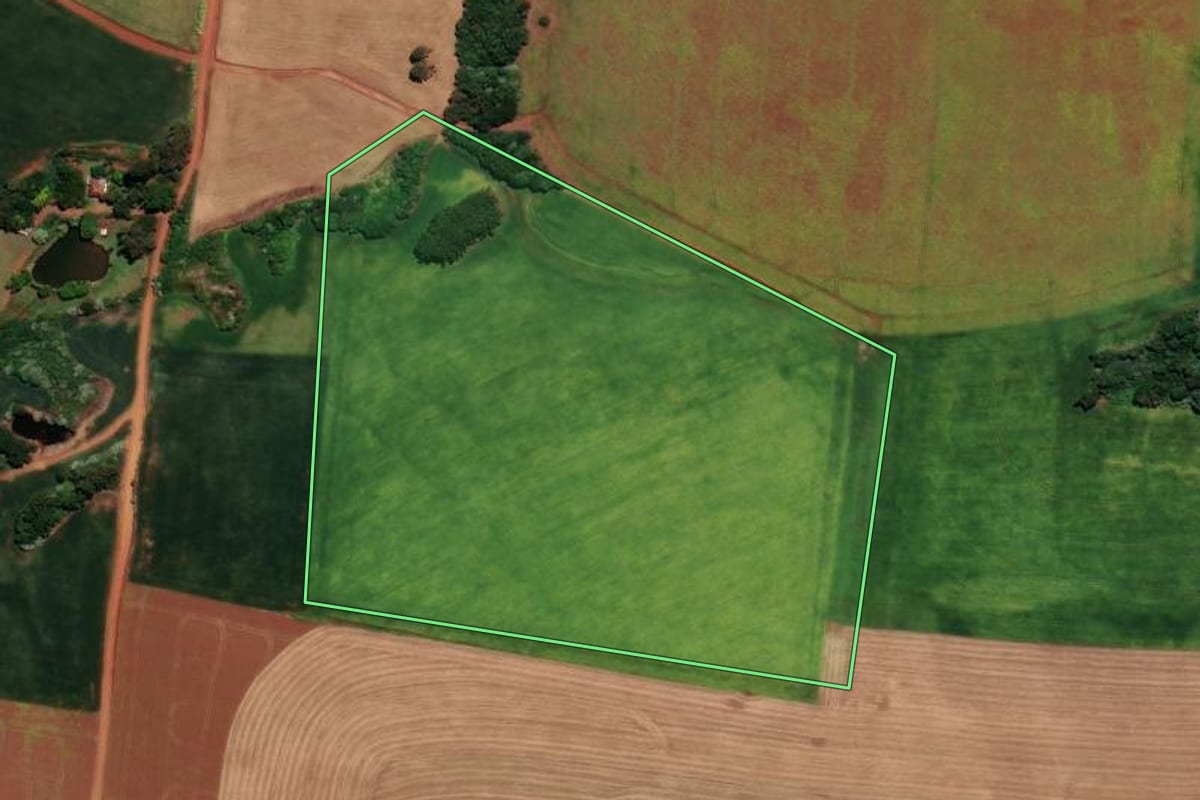 Imagem de satélite do imóvel rural em Ronda Alta (RS), com o contorno declarado no CAR desenhado por cima.
