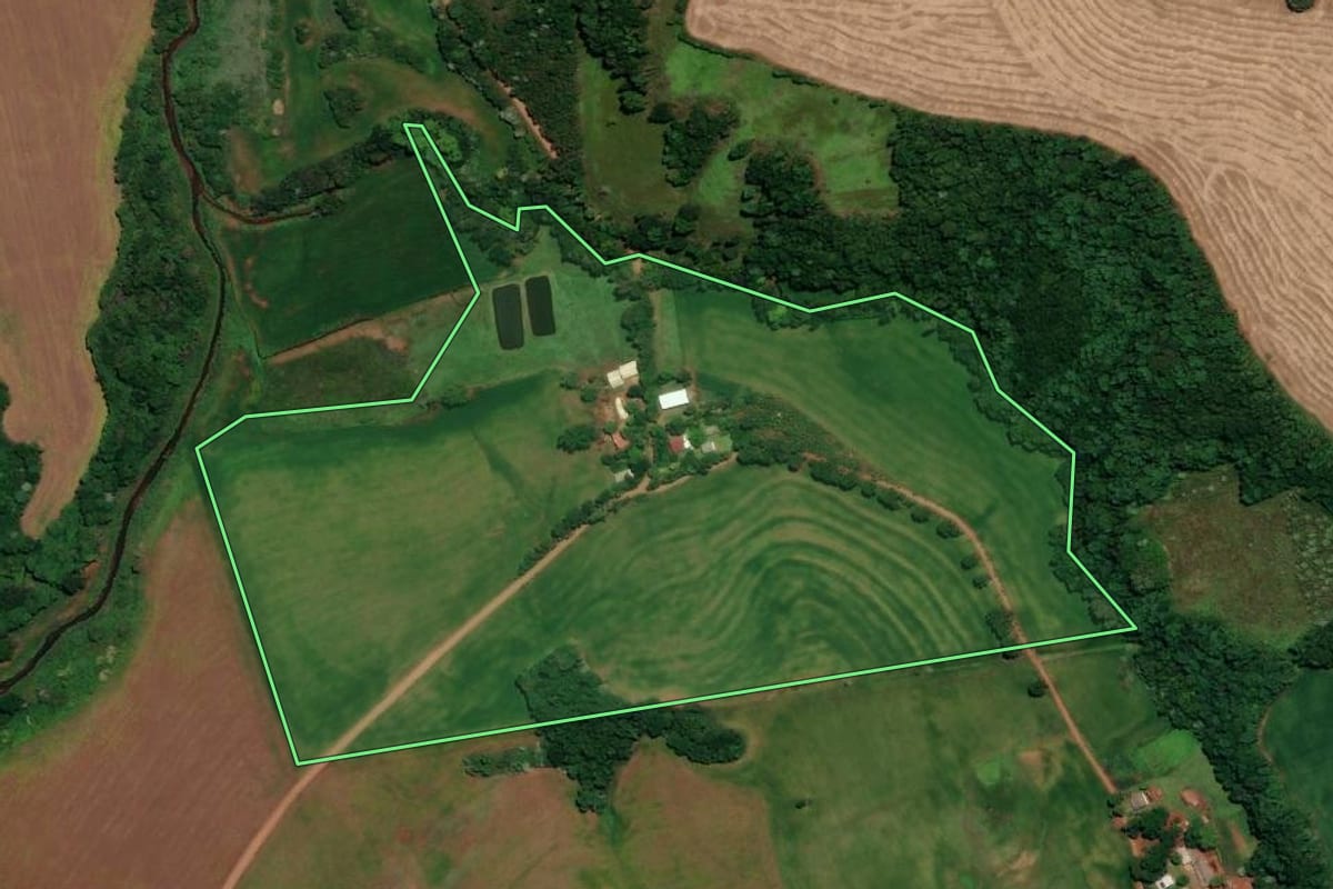Imagem de satélite do imóvel rural em Ronda Alta (RS), com o contorno declarado no CAR desenhado por cima.