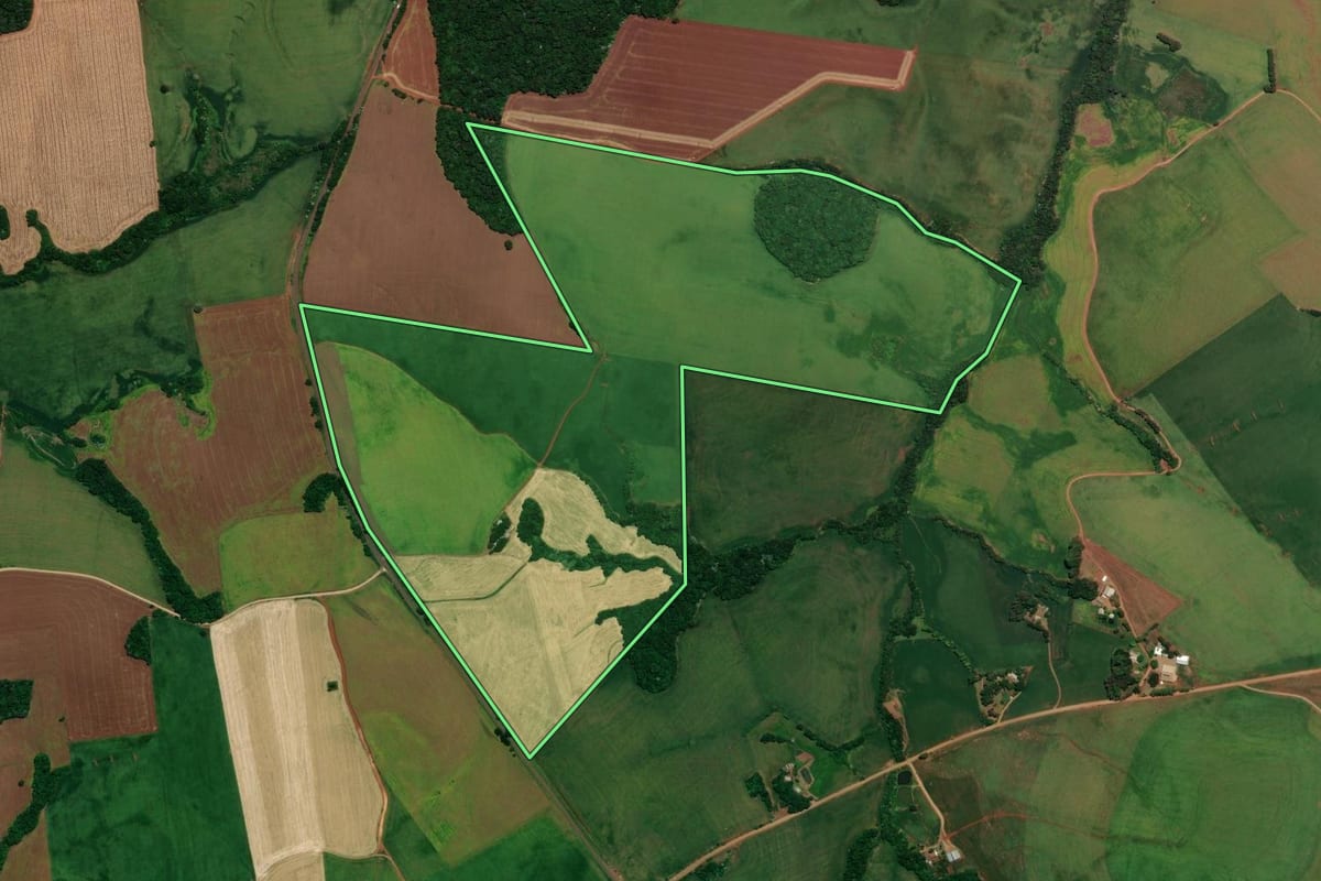 Imagem de satélite do imóvel rural em Ronda Alta (RS), com o contorno declarado no CAR desenhado por cima.